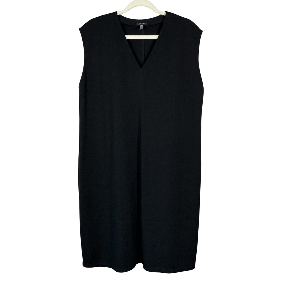 Eileen Fisher Black Ponte Knit V-Neck Sleeveless Shift Dress Large